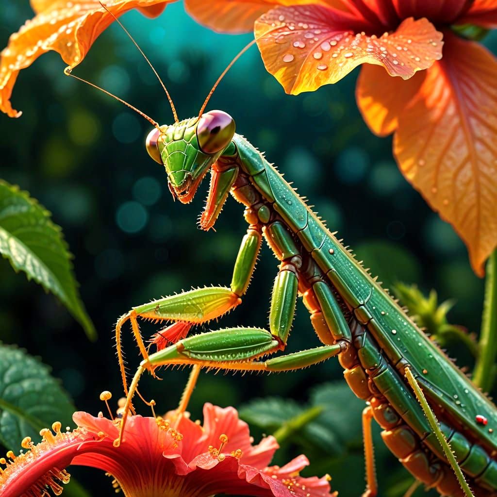 Surreal Macro Photography of a Dew-Covered Praying Mantis