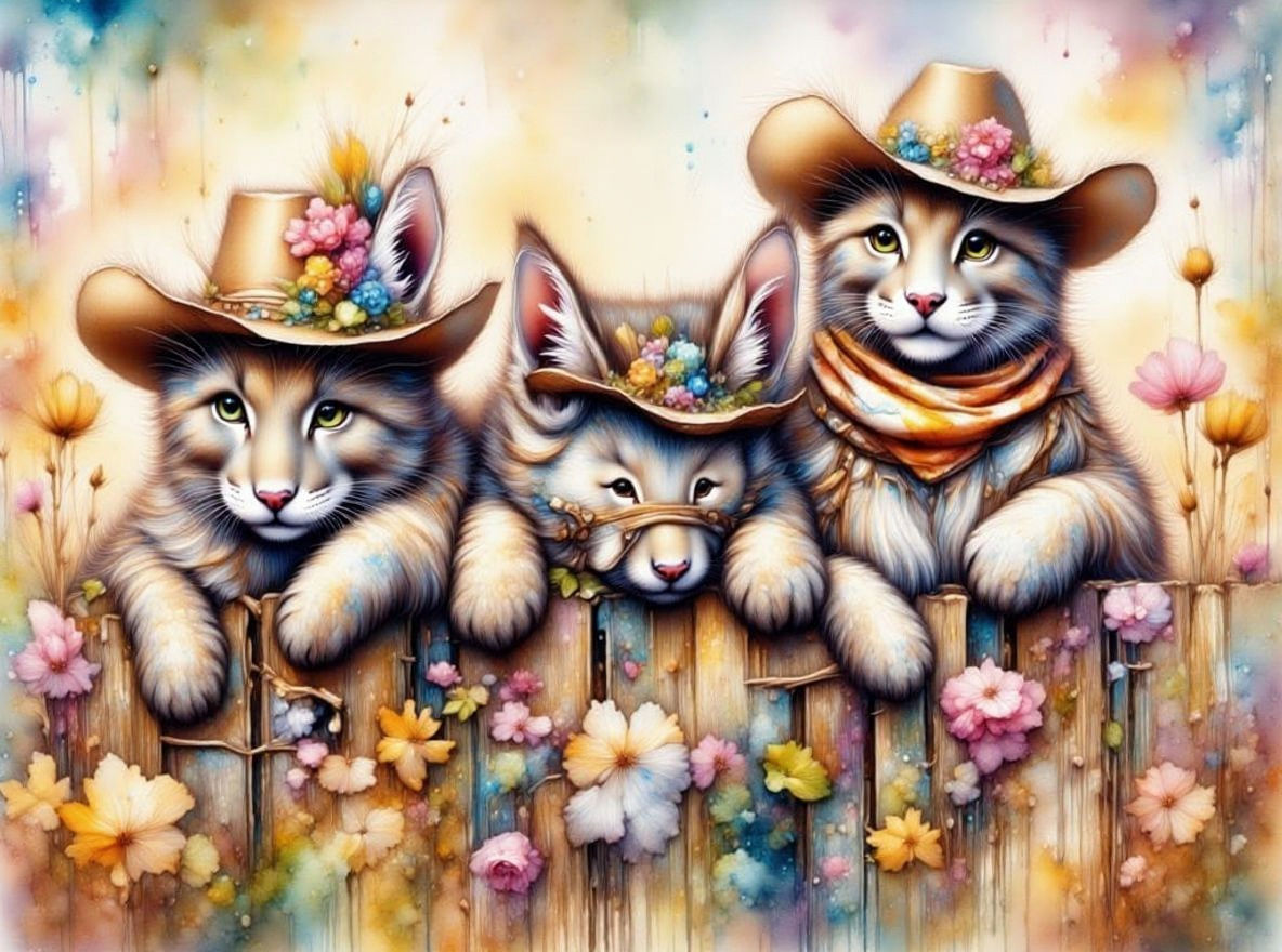 Cowboy Cats in Watercolor Portrait