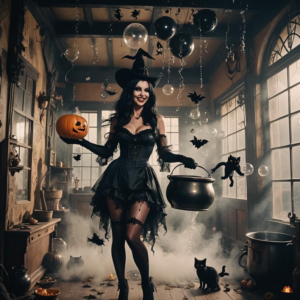 Smiling Witch in Haunted House with Black Cat
