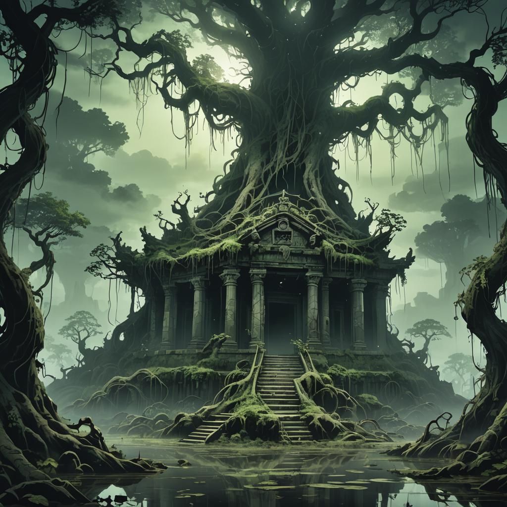 Dark Fantasy Temple in Cel-Shaded Manga Style