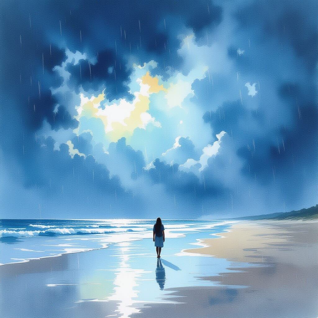 Lone Figure Awaits Summer Rain: Watercolor Beach Scene