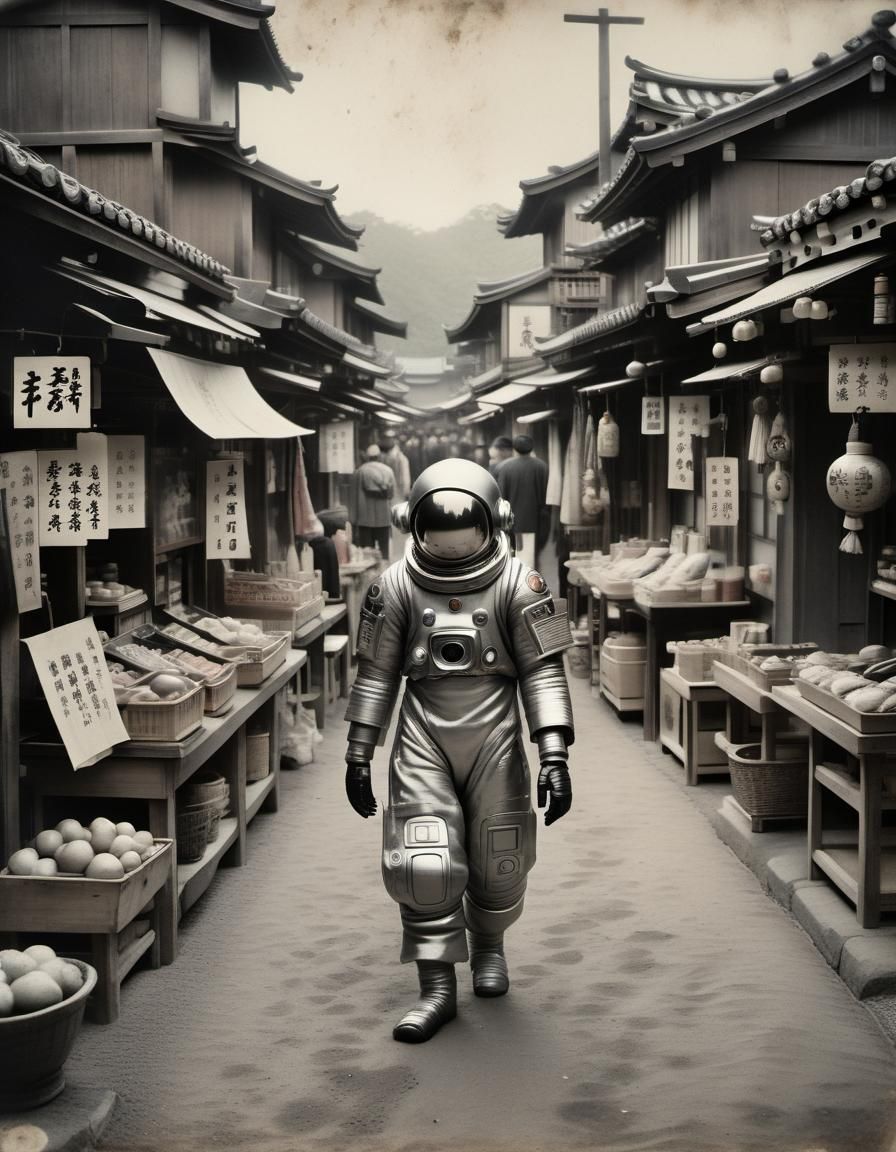 Cyborg Astronaut in Edo Period Japan: Vintage Photo