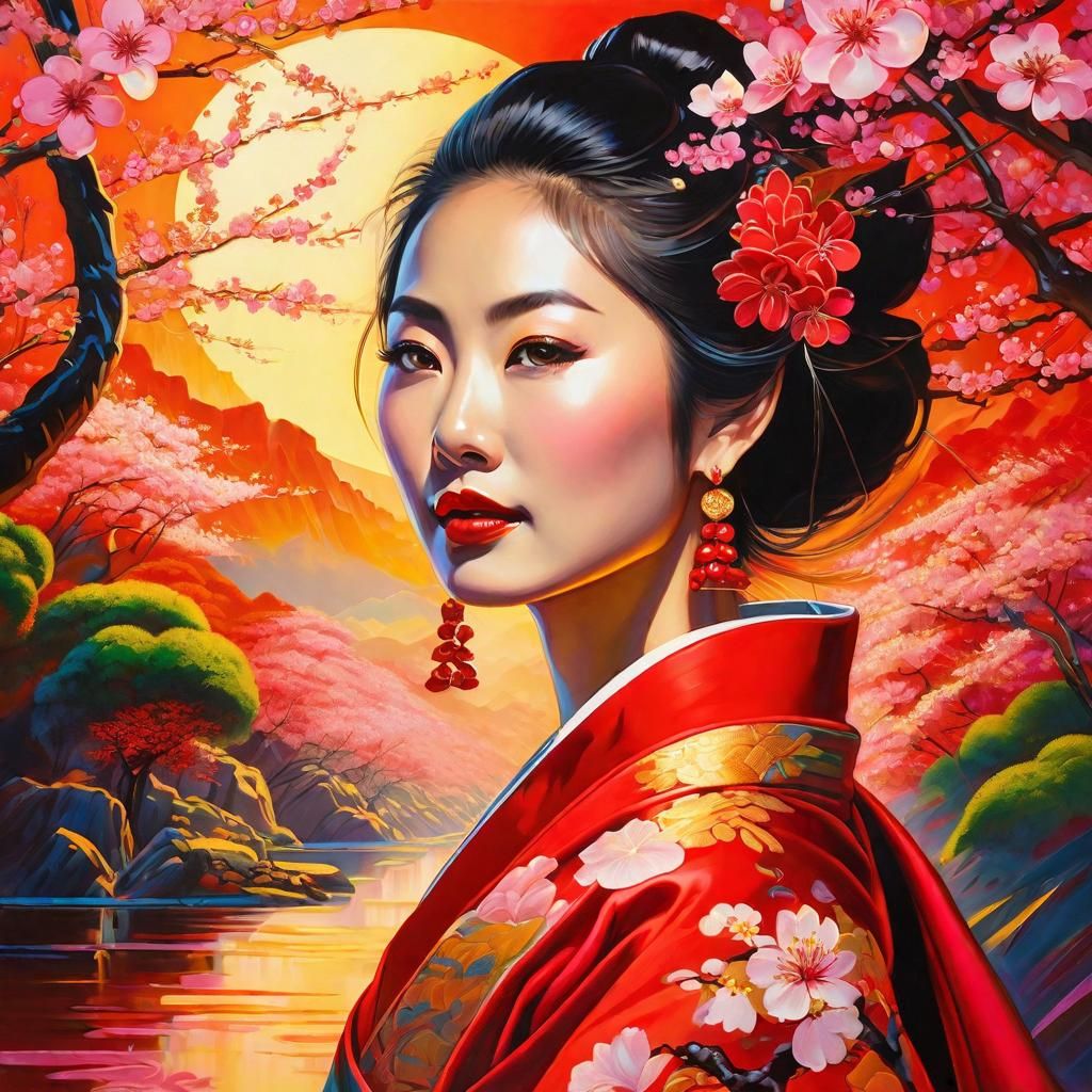 Asian Lady in Kimono: Maximalist Street Portrait