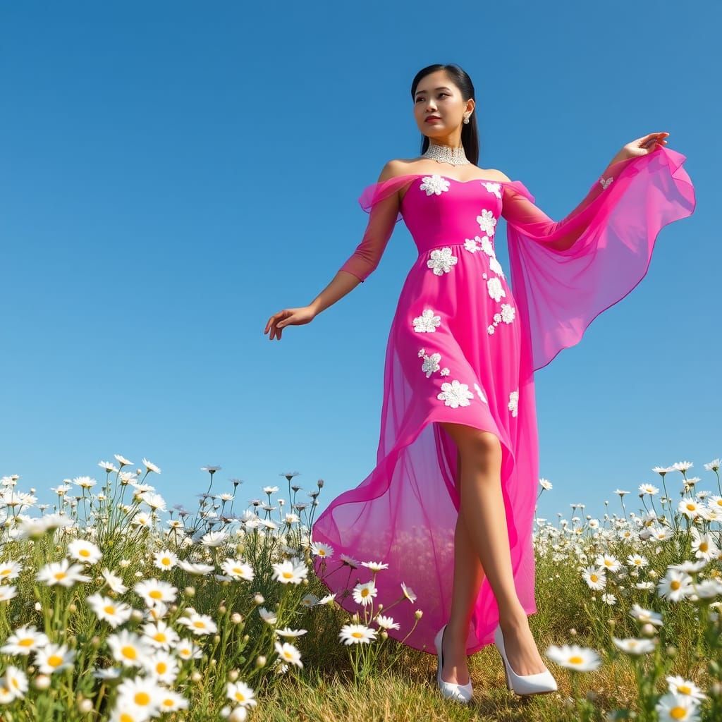 Beautiful Asian Woman in Pink Dress with Daisies