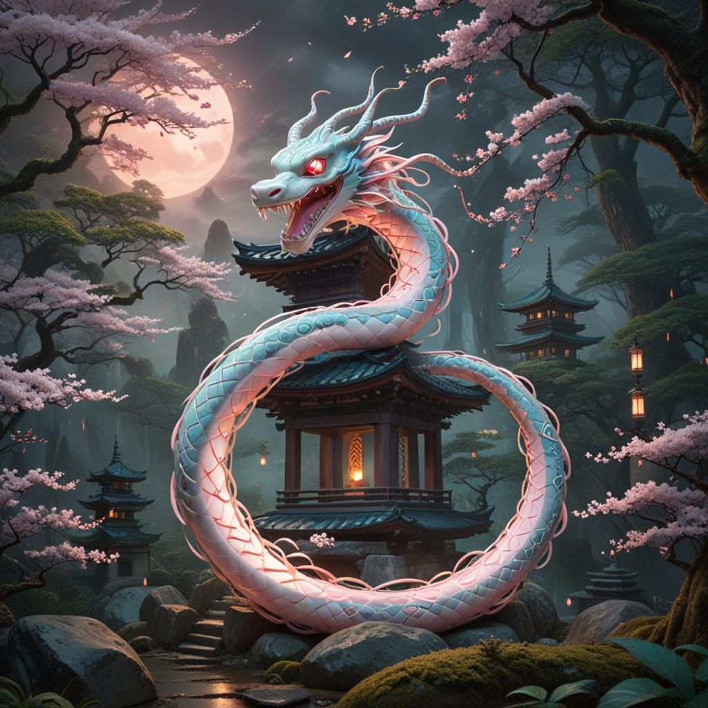 Ancient Pagoda Surrounded by Serene Milotic Serpent in Japan...