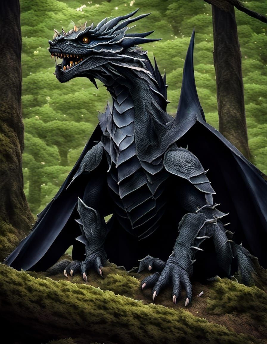 Dark Wizard and Dragon in Shadowy Forest