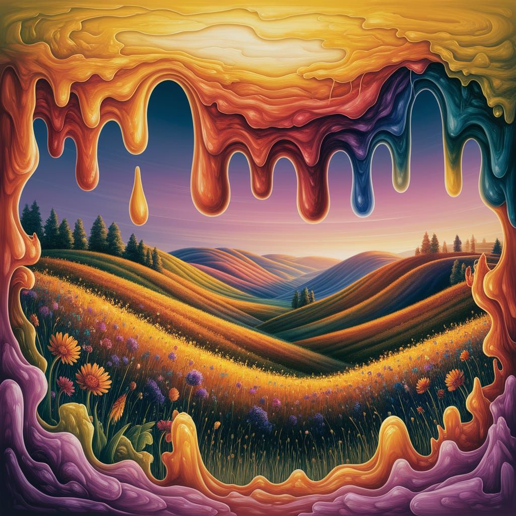 Dreamlike Melting Landscape Painting in Vibrant Warm Hues