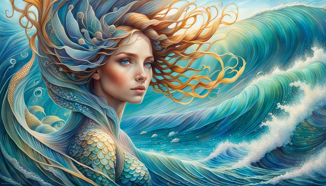 Fantasy Mermaid Portrait with Zentangle Waves