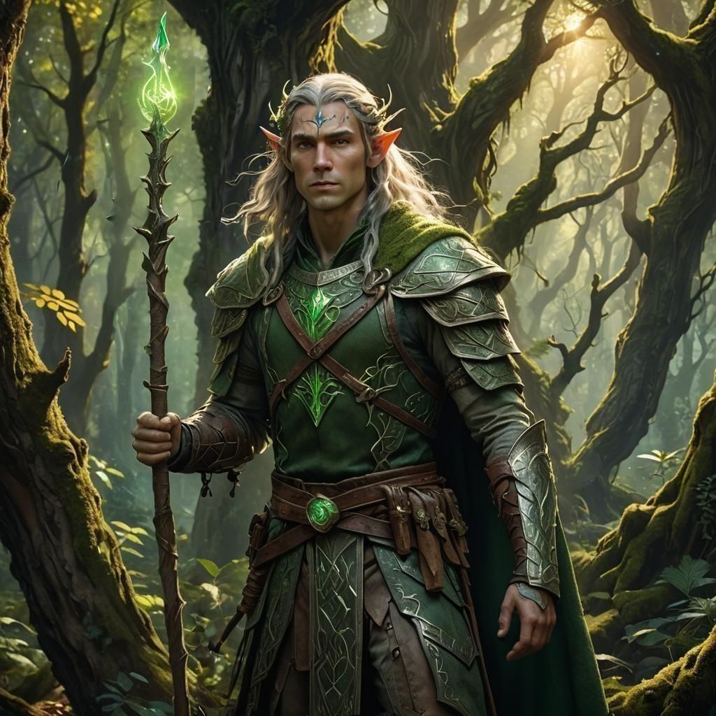 Elven Druid in Mystical Forest, Fantasy Concept Art