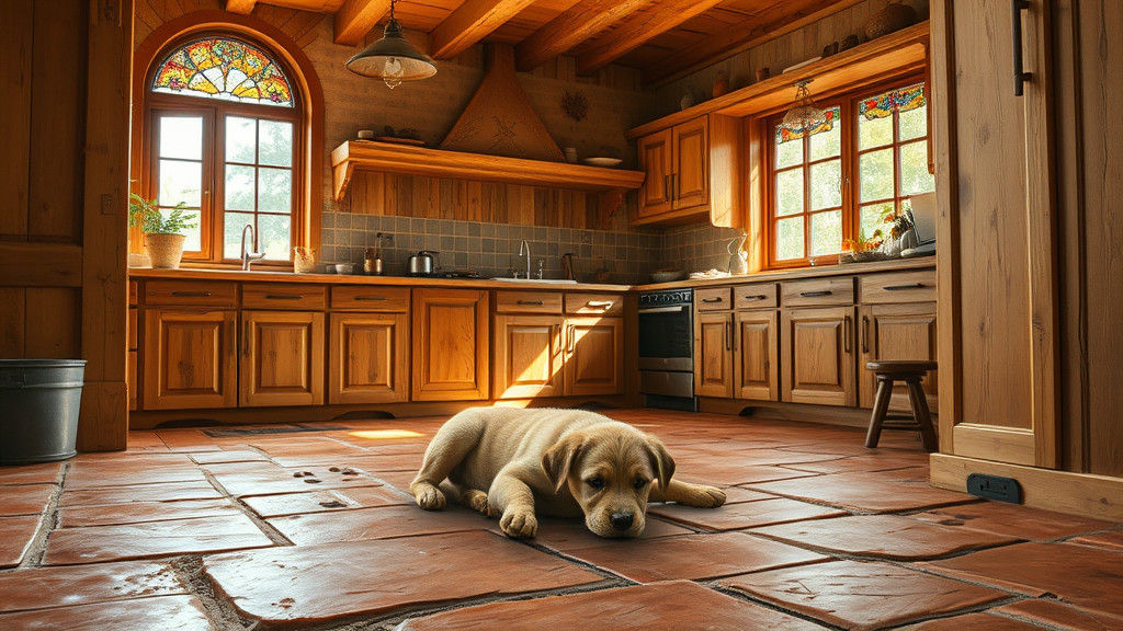 Warmly Lit Rustic Kitchen with Muddy Puppy