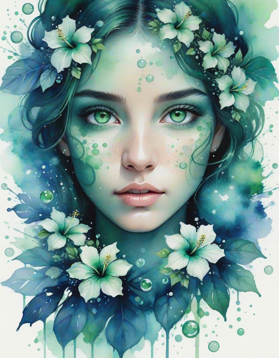 Emerald Eyes with Bubbles and Hibiscus in Watercolor