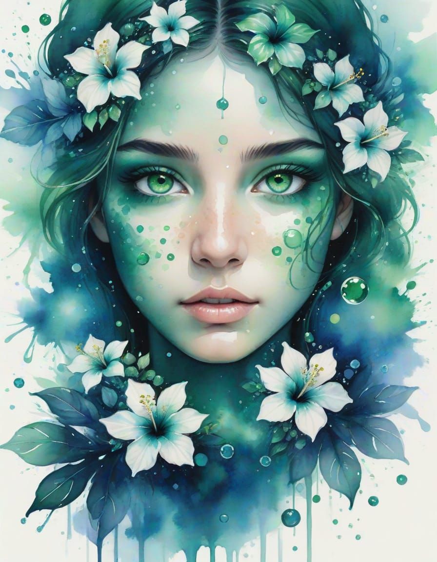 Emerald Eyes with Hibiscus in Watercolor Splash Art