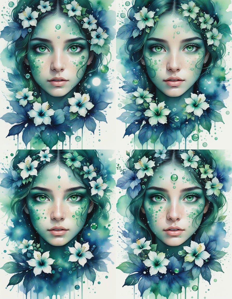 Emerald Eyes in Monochromatic Watercolor Splash Art