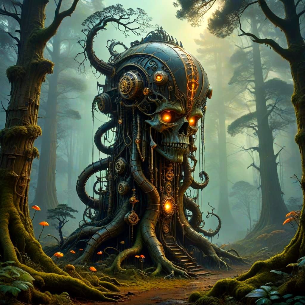 Steampunk Tree in Mystical Forest: Art Nouveau Style
