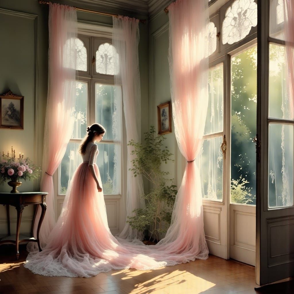 Fair Maiden in Pink, Surrounded by Blooming Meadows