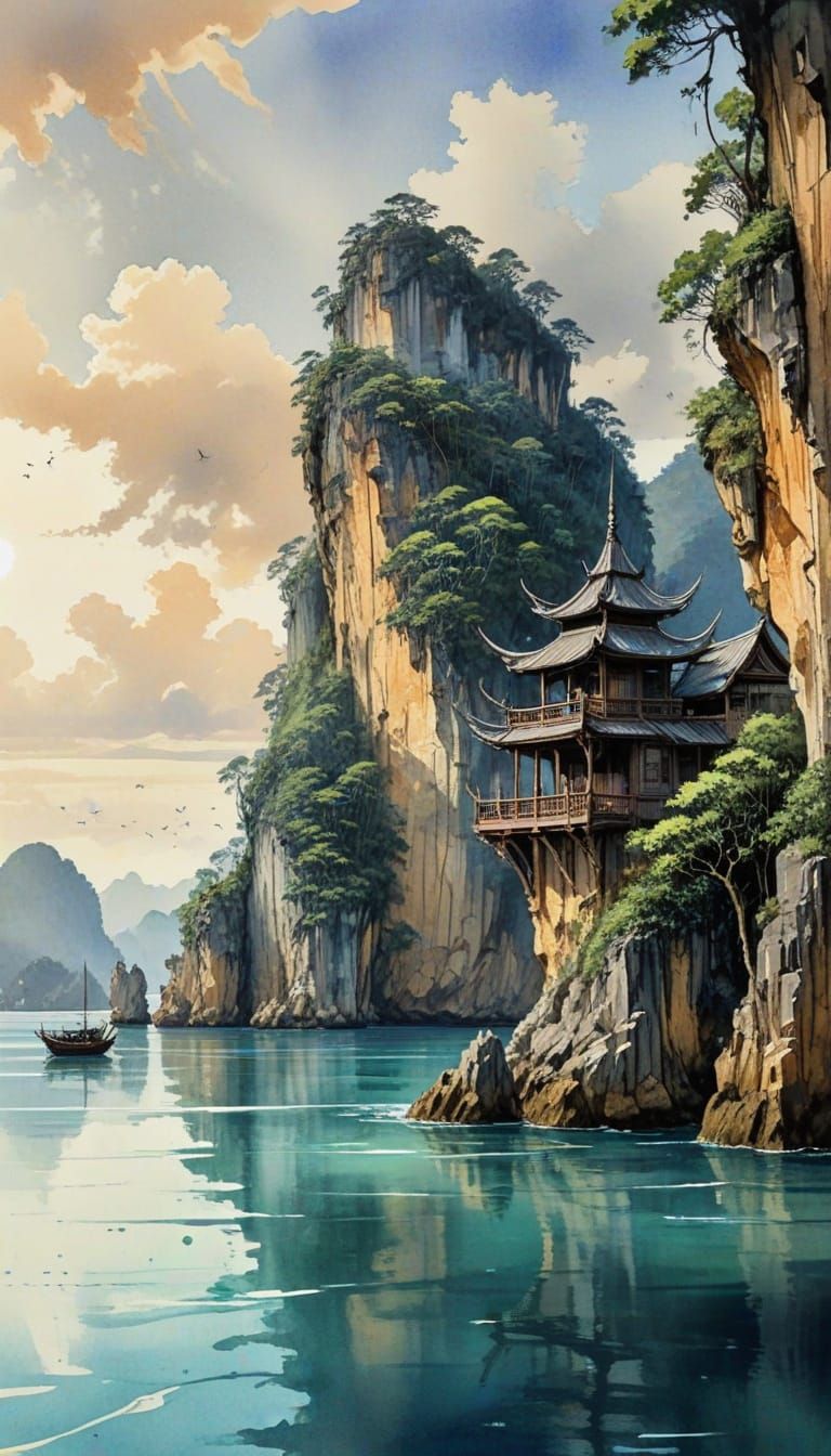 Phuket's Phang Nga Bay: High Fantasy Anime Ink and Watercolo...