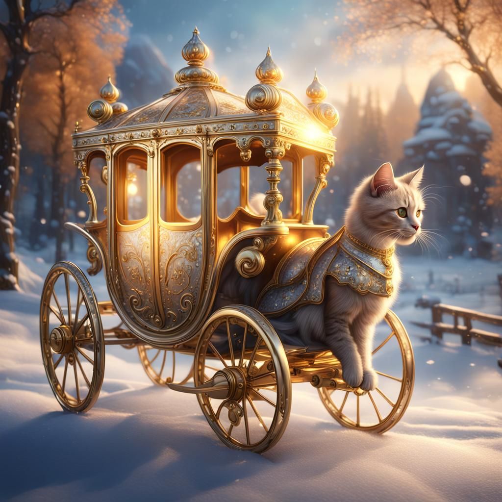 Golden Cat Carriage in Winter Landscape