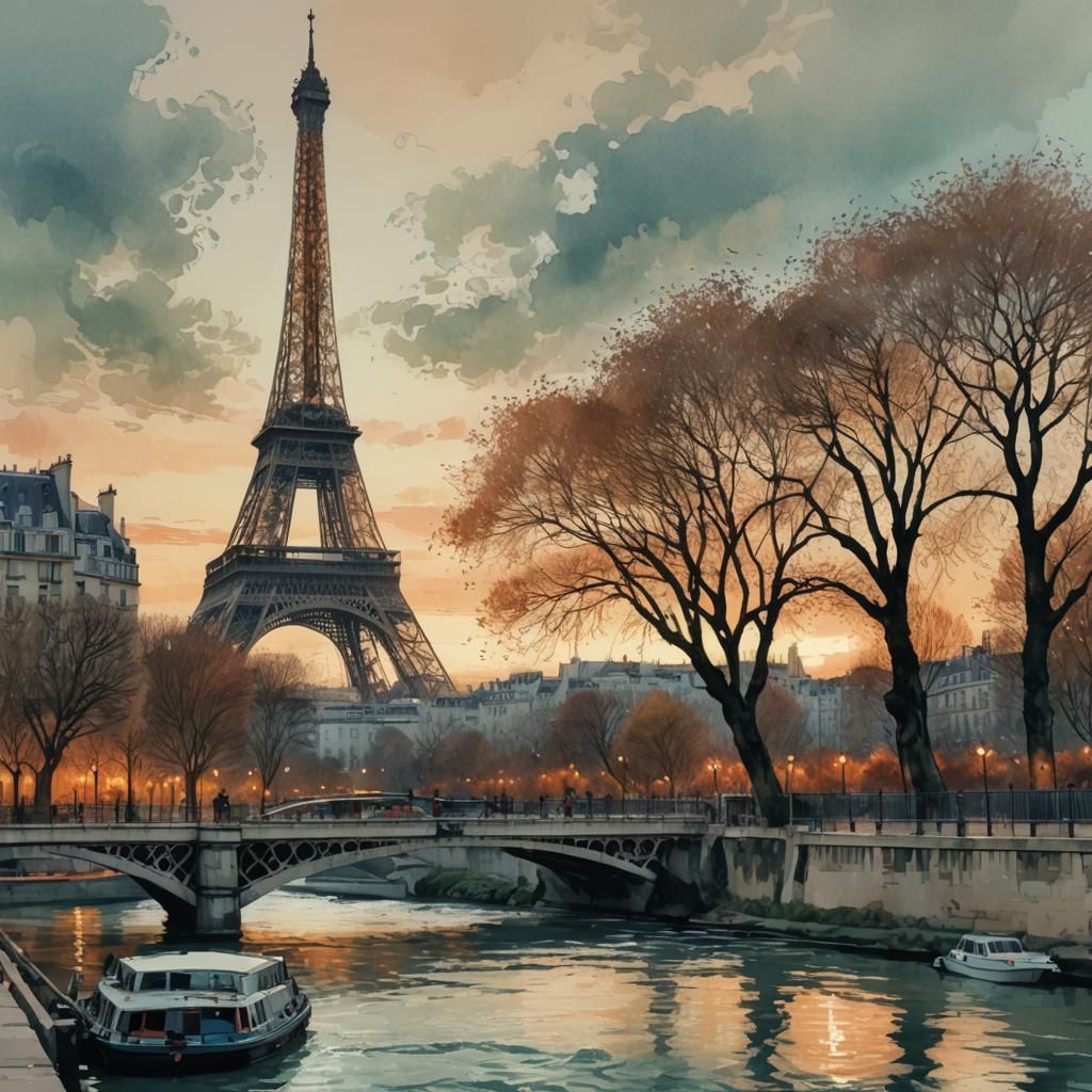 Eiffel Tower at Dawn: Graphite and Watercolour