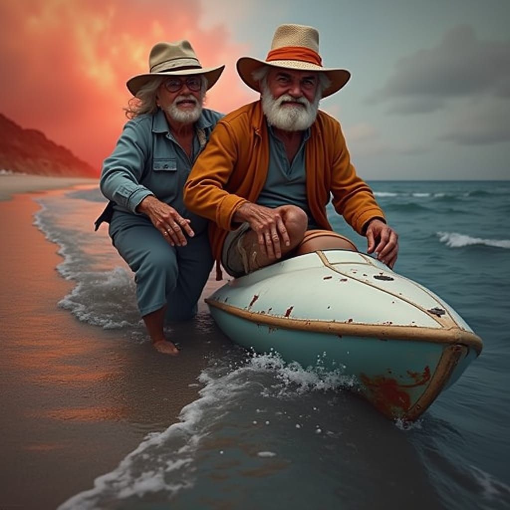 Dreamy Beach Walk: Senior Couple in Matte Painting Style