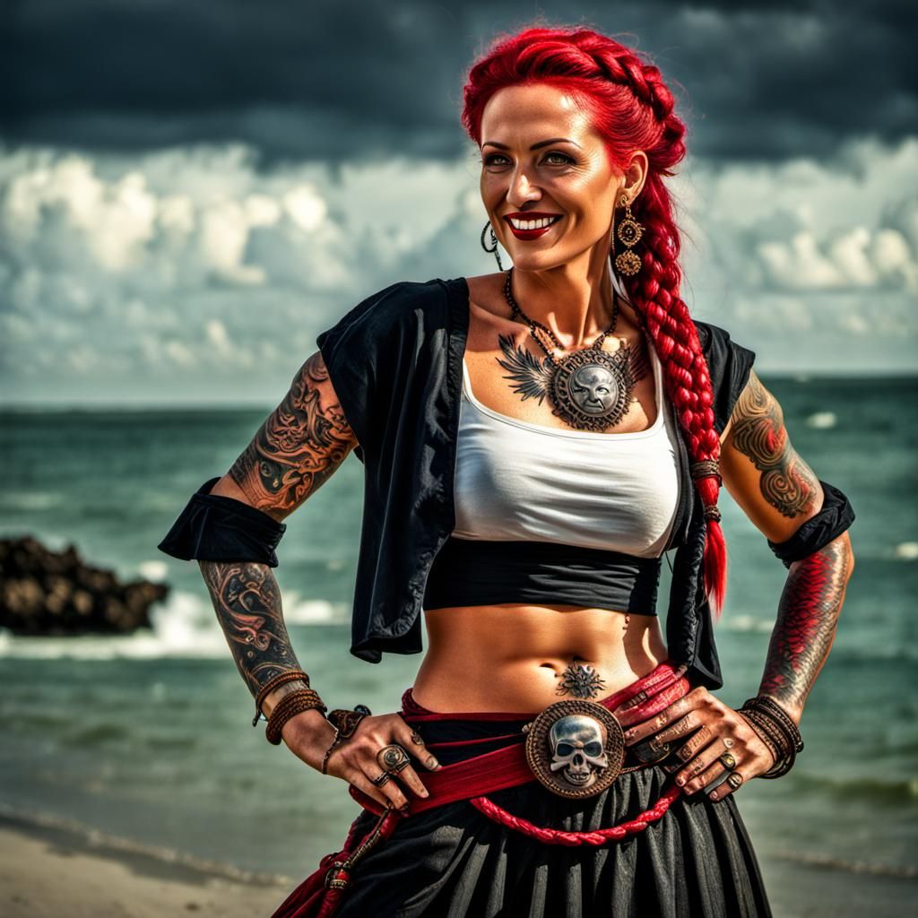 Smiling Pirate Queen with Sun Tattoo in HDR