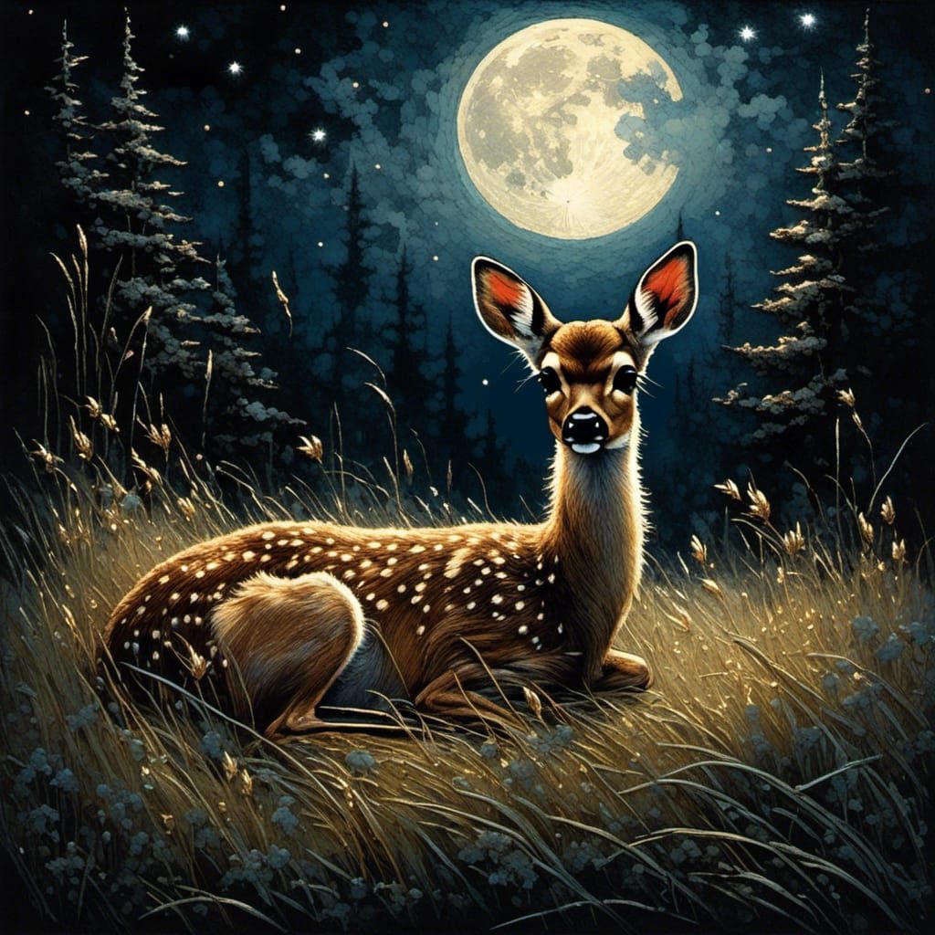 Fawn in Moonlit Meadow: Impasto Style Illustration