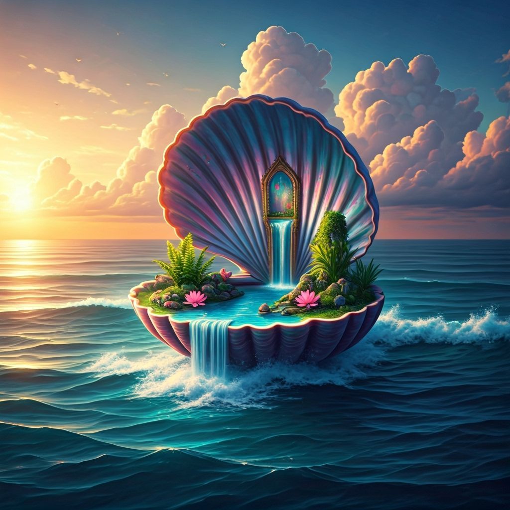 Magical Seashell Palace on Ocean Waves at Sunset