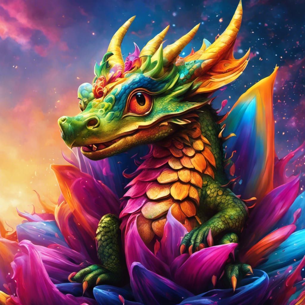 Smiling Baby Dragon Hatches in Magical Forest