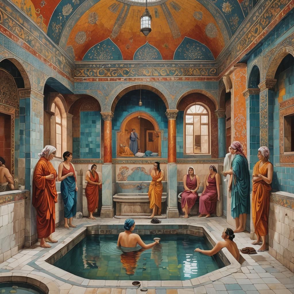 Vibrant Turkish Bathhouse Scene with Bathing Ladies