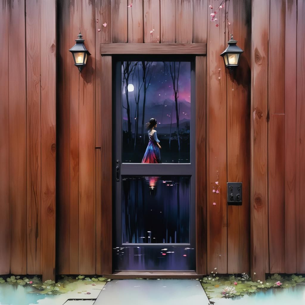 Night Lake Glade in Watercolor Art Style