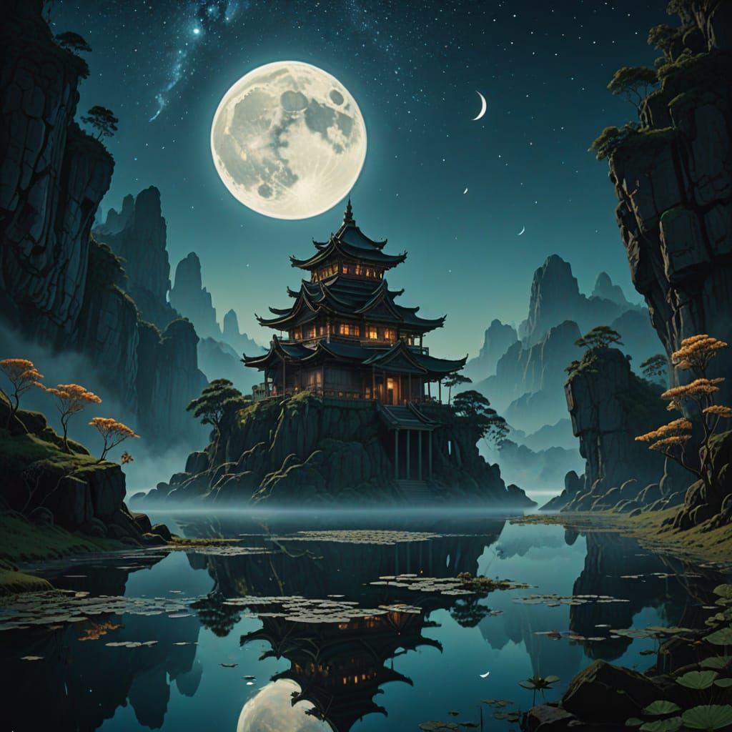 Ethereal Temple Amidst Crescent Moon Cliffs