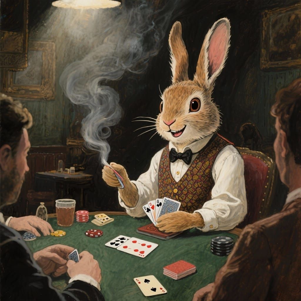 Cunning Rabbit Deals Poker in Smoky Backroom