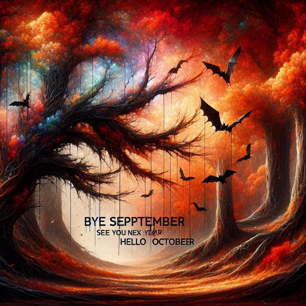 Autumn Forest with Bats and Seasonal Greeting