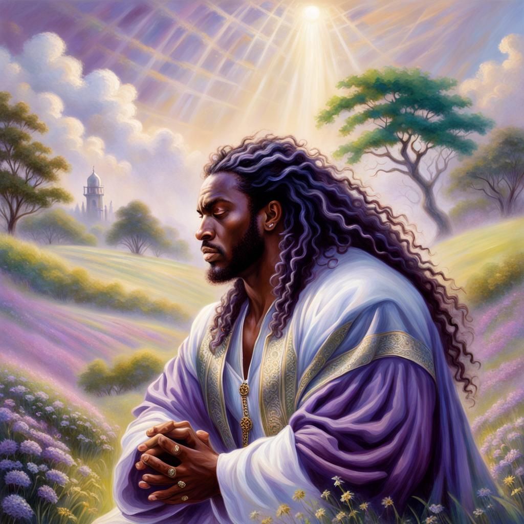 Samoan Man Praying in Meadow, Ethereal Fantasy