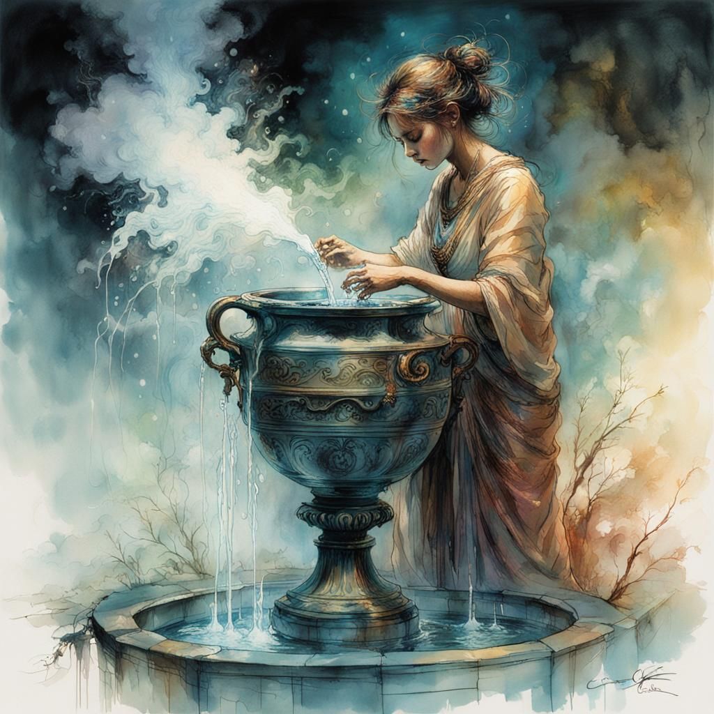 Fantasy Woman Pouring Water with Iridescent Mist
