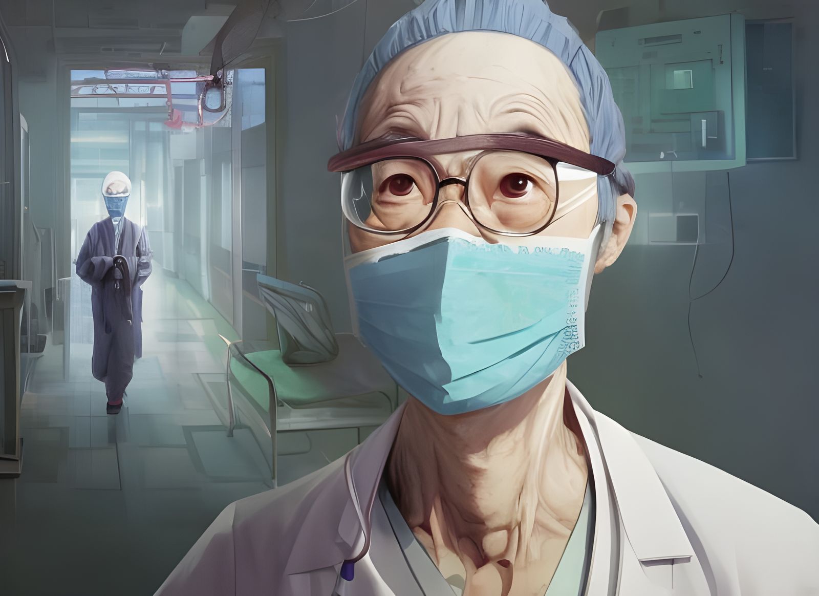 Masked Doctor in Hospital: Digital Art Masterpiece