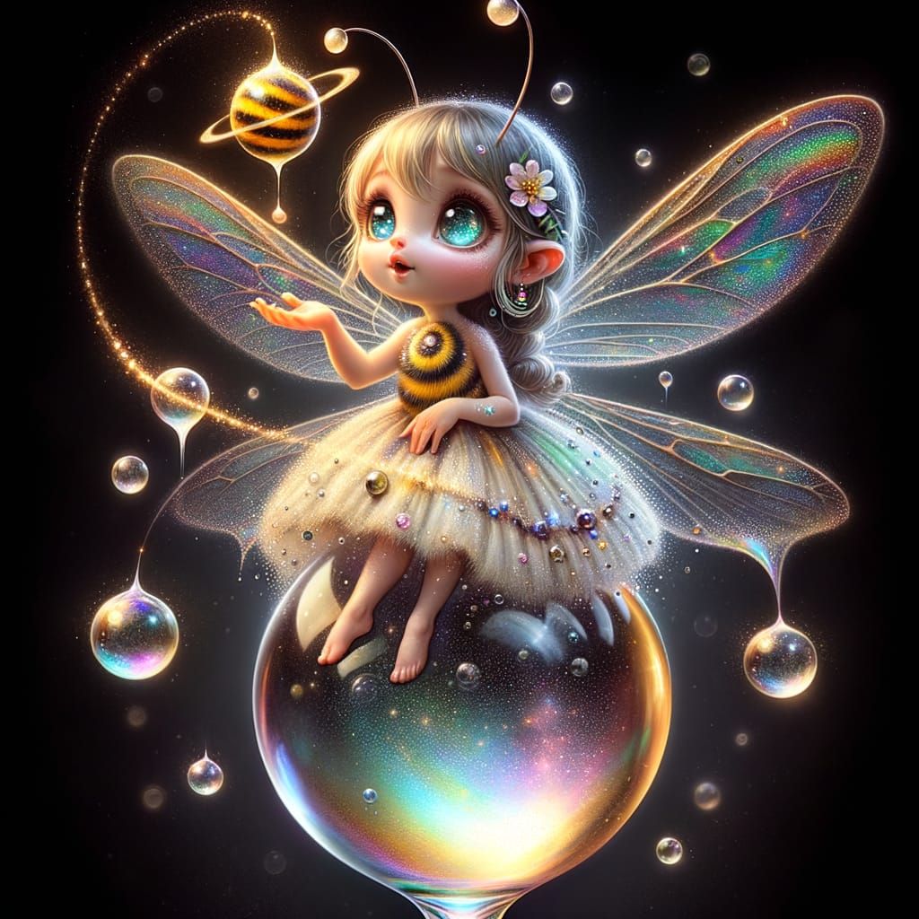 Whimsical Fairy Juggling Planets in Watercolor Style