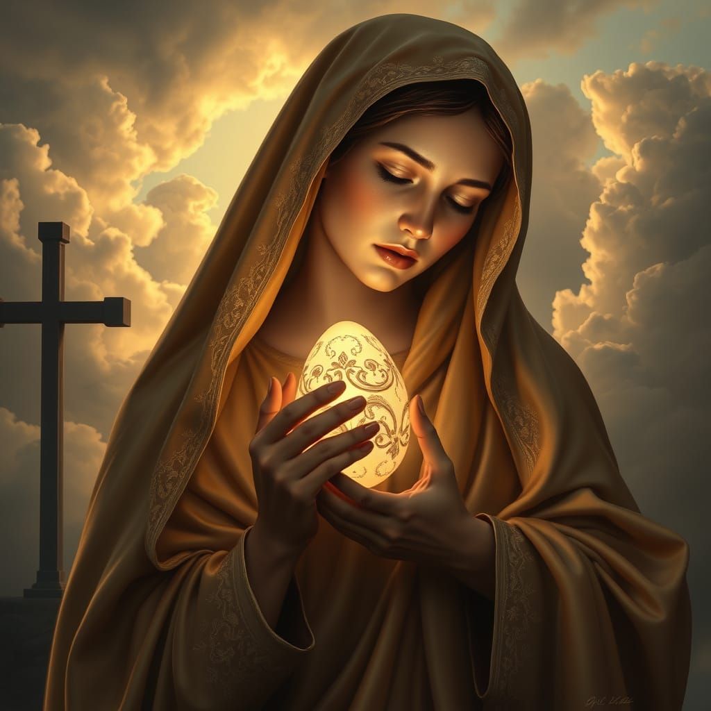 Serene Virgin Mary with Glowing Egg in Golden Light
