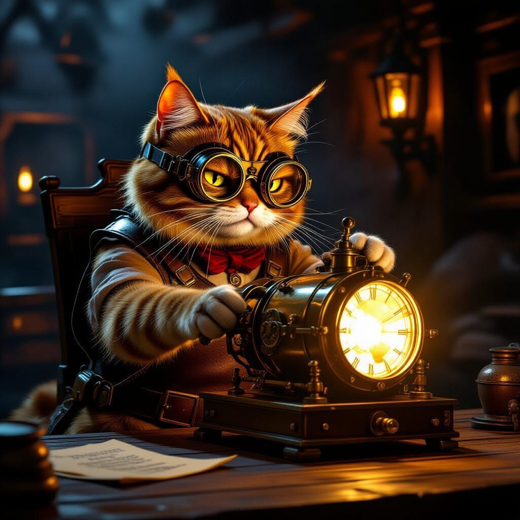 Steampunk Cat Time Traveler at High Noon