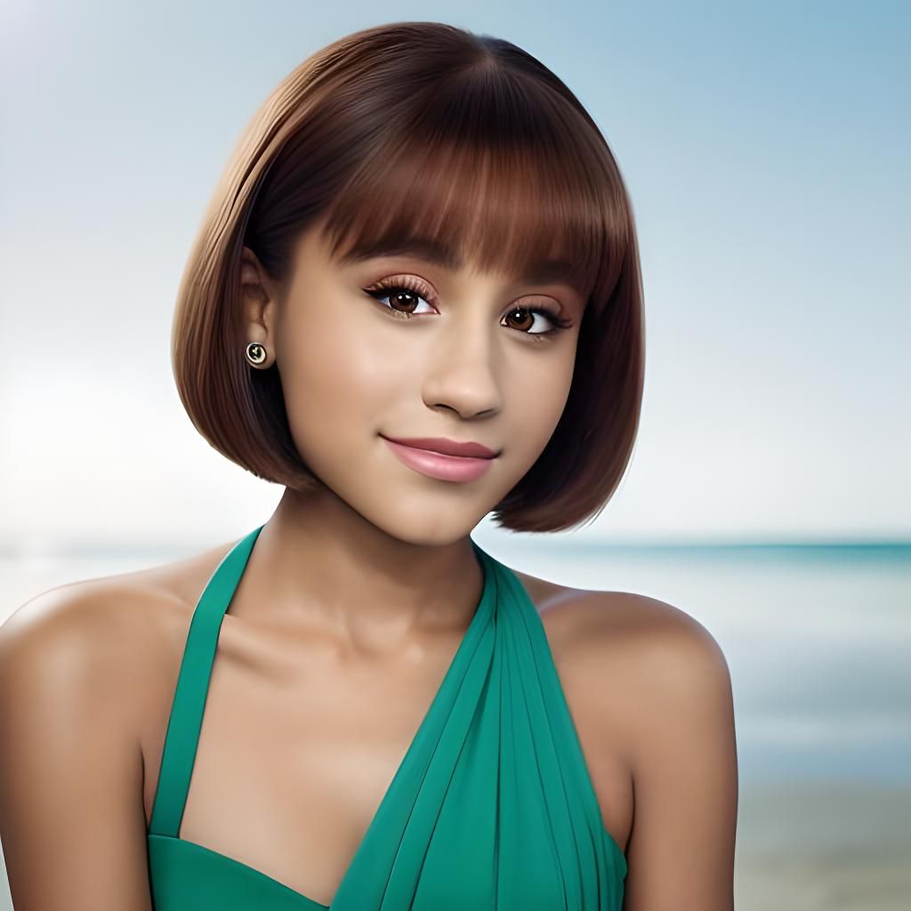 Smiling Woman with Bob Cut, Beach Portrait