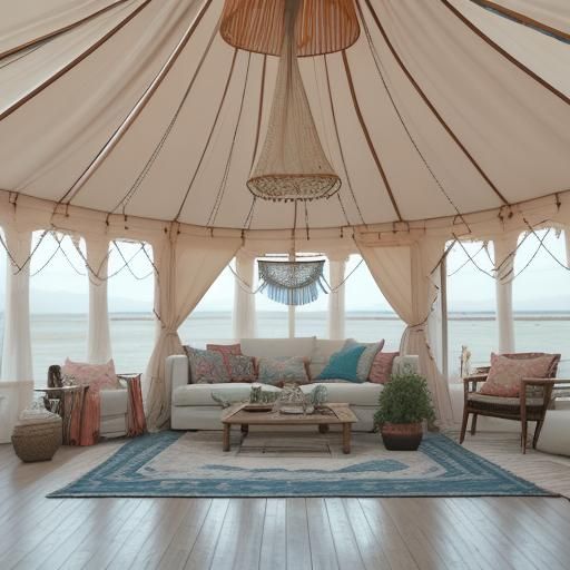 Bohemian Glamping Tent on Seashore in Boho Style