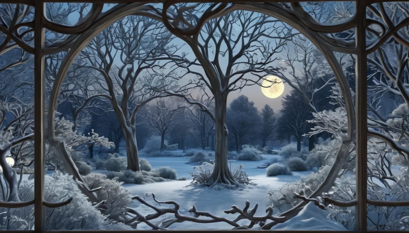 Art Nouveau Window Overlooking a Snowy Garden