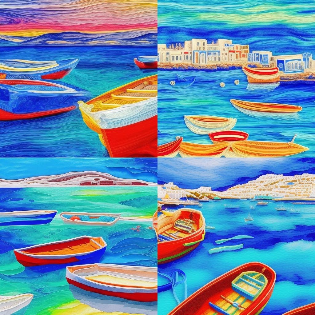 Mykonos Island Boats in Blue Sea: Quilling Acrylic Art