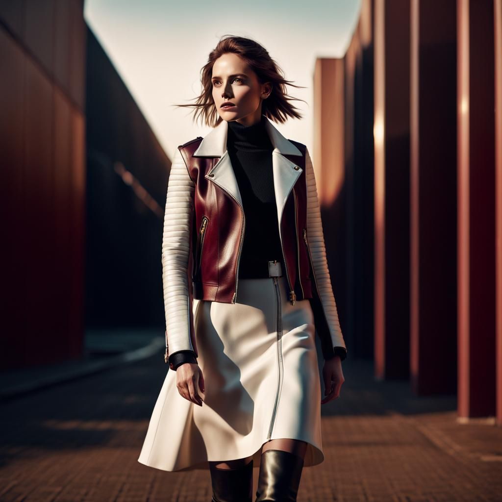 Elegant Woman in Burgundy Leather Jacket, Fashion Portrait