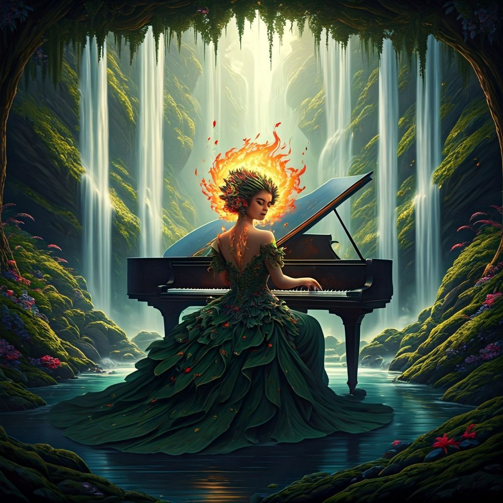 Fire Goddess at Piano in Grotto, Art Nouveau Style