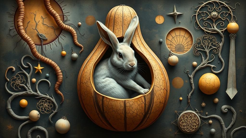 Hyperrealistic Bunny Carved in Gourd with Surreal Background
