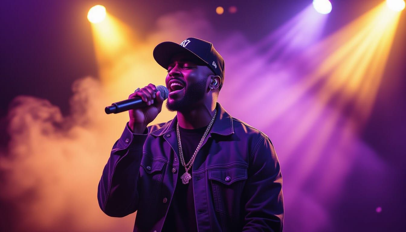 Charismatic Rapper Serenades Stage Under Neon Lights