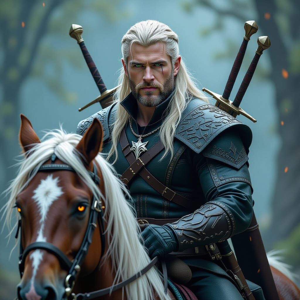 Geralt of Rivia: Dark Fantasy Warrior on Horseback