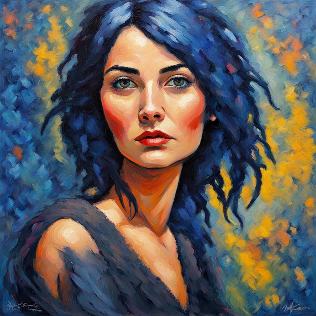 Woman with Blue Hair in Expressionist Oil Painting