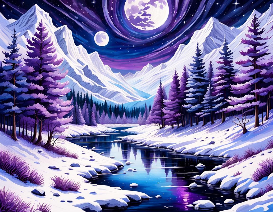 Purple Moon Over Winter Landscape: Oil and Watercolor