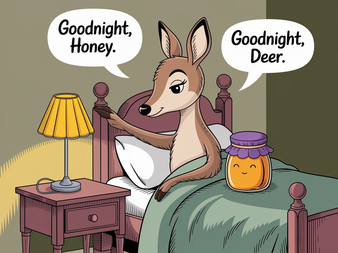 Cartoon Deer in Bed Saying Goodnight